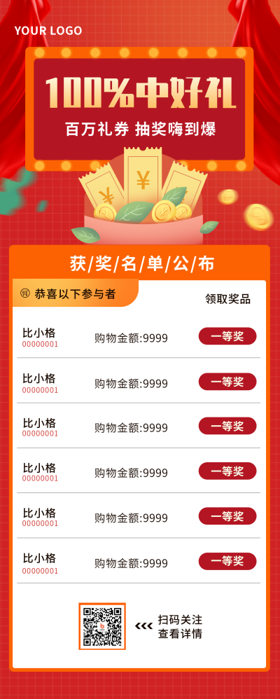 中奖优惠活动大礼包福利销售冠军长图海报 模板ID:21232
