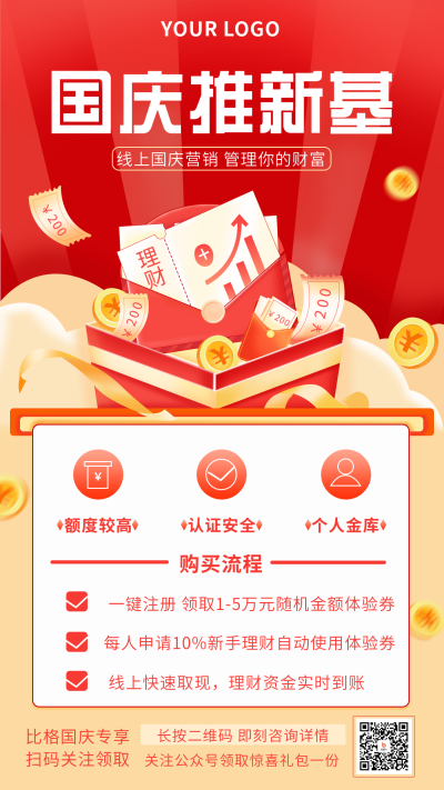 红色国庆理财投资基金手机海报 模板ID：21731