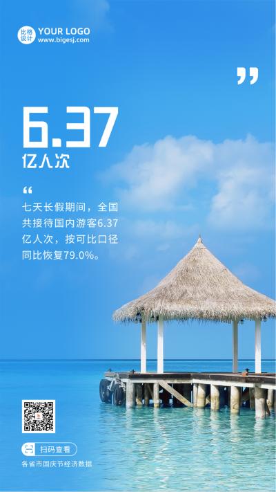 国庆节数据接待旅游人次实景简约手机海报 模板ID:21969