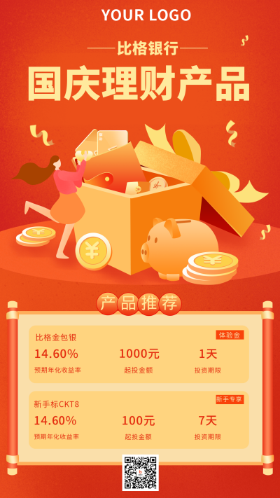 红色国庆理财投资产品手机海报 模板ID:22035