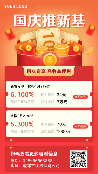 国庆理财红包基金活动优惠手机海报 模板ID:22291