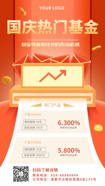 橙色国庆理财产品优惠活动手机海报 模板ID:22293