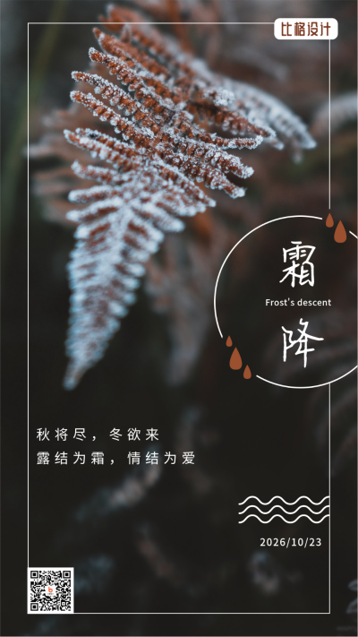 霜降二十四节气秋天霜露枯叶实景手机海报 模板ID:22885