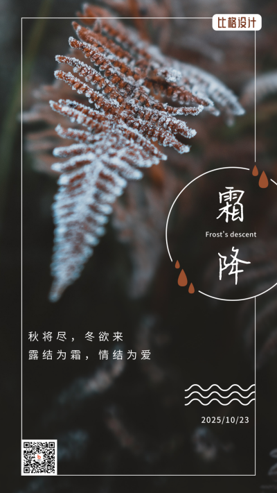 霜降二十四节气秋天霜露枯叶实景手机海报 模板ID：22885