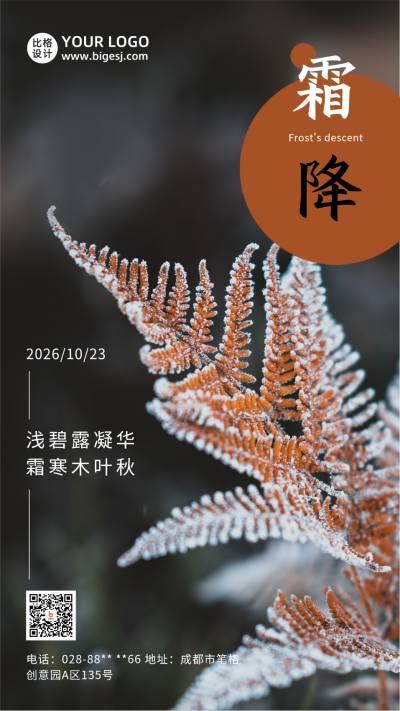 二十四节气霜降秋天黄叶霜露实景手机海报 模板ID:22890