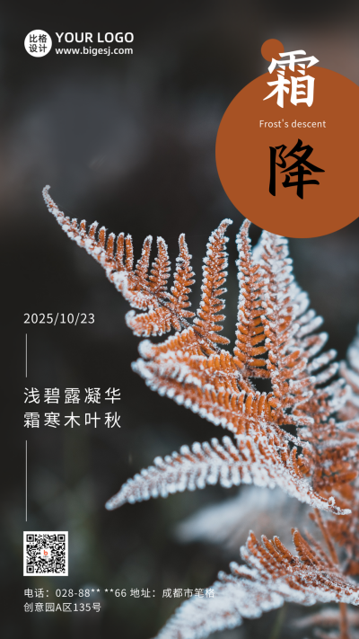 二十四节气霜降秋天黄叶霜露实景手机海报 模板ID:22890