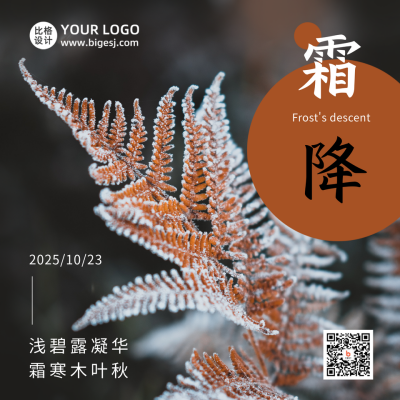 霜降节气秋天黄叶霜露实景简约方形海报 模板ID：22891