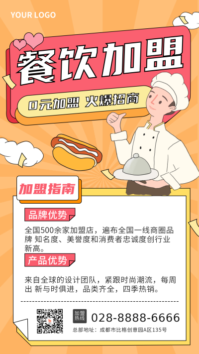 手绘厨师餐饮加盟手机宣传手机海报 模板ID：23523