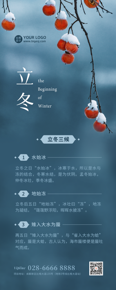 立冬节气物候冬季雪景简约实景长图海报 模板ID：23599