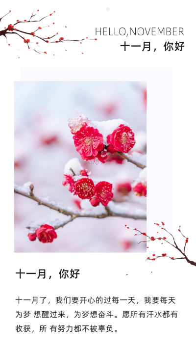手绘冬季梅花雪景十一月你好竖版配图 模板ID：23677