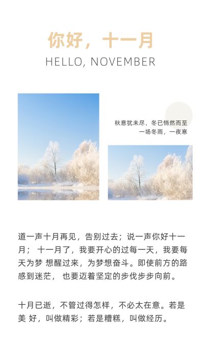 简约通用冬季十一月你好日签竖版配图 模板ID:23680