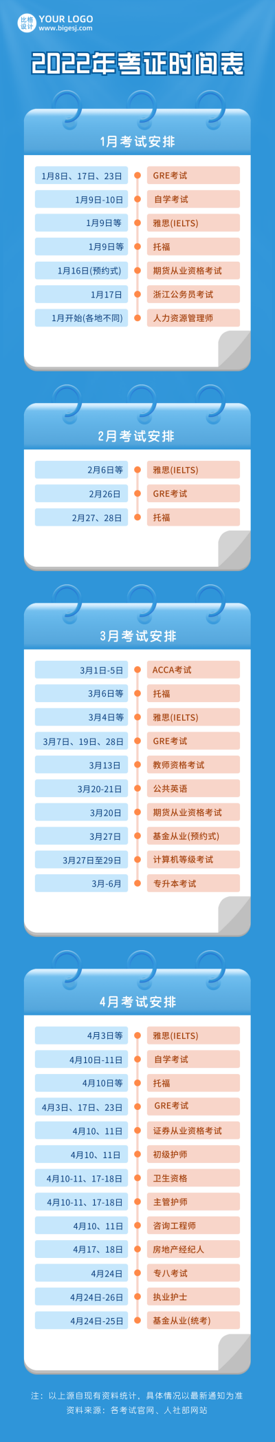2022年考试时间表考证日历安排蓝色长图海报 模板ID：24052