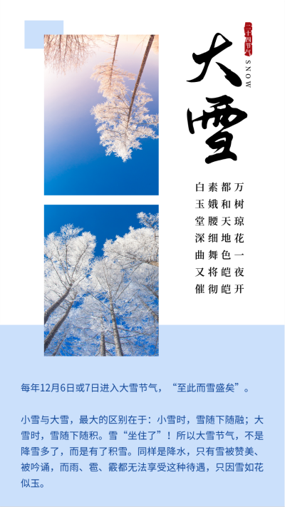 大雪小雪节气冬天雪景简约大气竖版配图 模板ID：25578