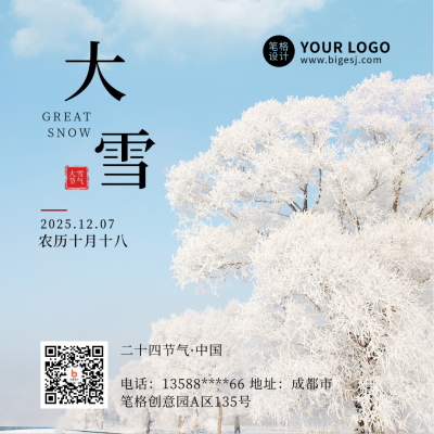 二十四节气大雪简约实景方形海报 模板ID:25601