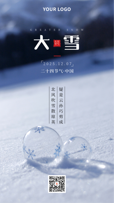 二十四节气大雪简约实景蓝色手机海报 模板ID：25612