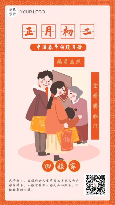 正月初二回娘家拜年过年习俗系列手机海报 模板ID:26811