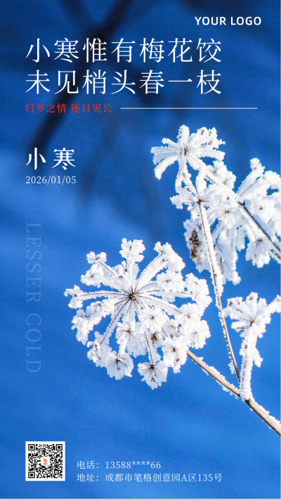 二十四节气小寒冬季简约实景蓝色手机海报 模板ID:27342