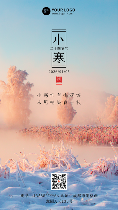 二十四节气小寒冬季简约实景橙色手机海报 模板ID:27348