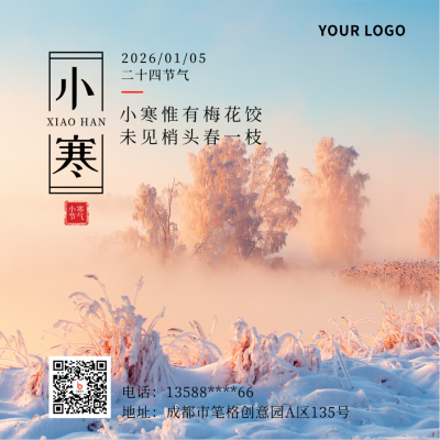 二十四节气小寒冬季简约实景橙色方形海报 模板ID:27349