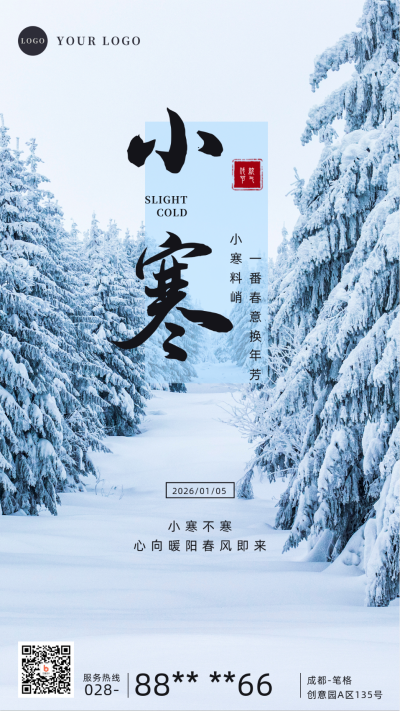 简约雪景小寒节气手机海报 模板ID：27410
