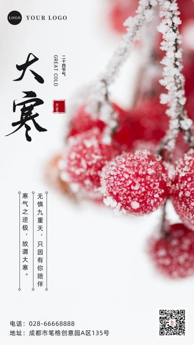 简约实景大寒节气祝福手机海报 模板ID：27774