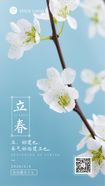 立春简约实景花朵蓝色手机海报 模板ID:28501