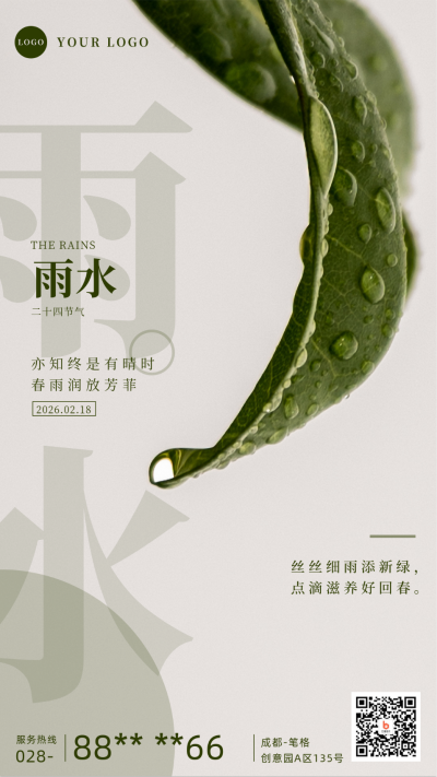 简约雨水实景节气手机海报 模板ID:29268