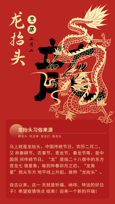 手绘中国传统节日龙抬头习俗竖版配图 模板ID：29494
