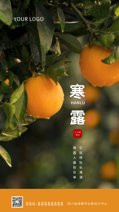 二十四节气寒露简约清新橙色橘子绿色背景实景手机海报 模板ID:1619