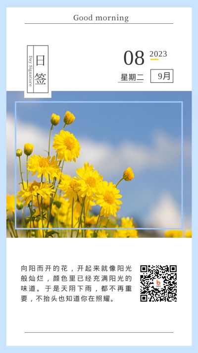 小清新黄色实景小雏菊蓝色背景日签手机海报 模板ID：575
