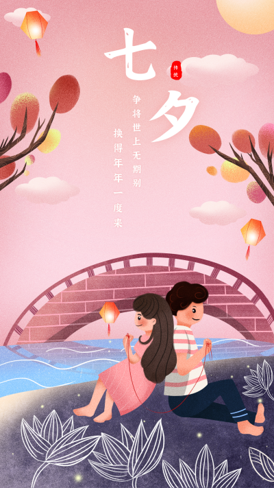 粉色卡通人物情侣七夕手机海报 模板ID：641