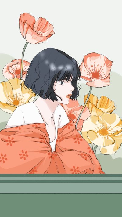 清新治愈短发少女花卉虞美人插画手机壁纸 模板ID:3302