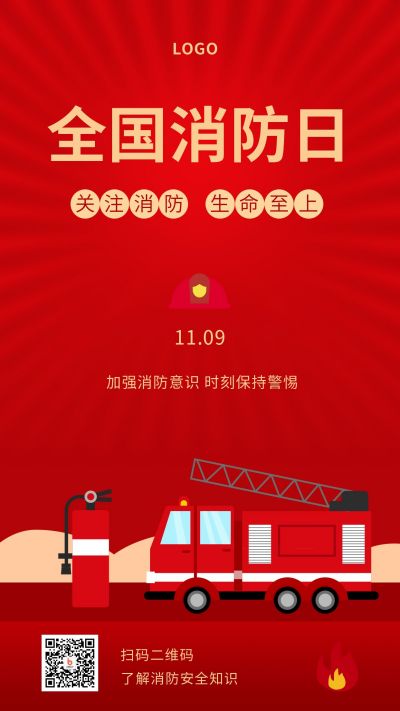 简约红色消防车119消防日宣传手机海报 模板ID：2870