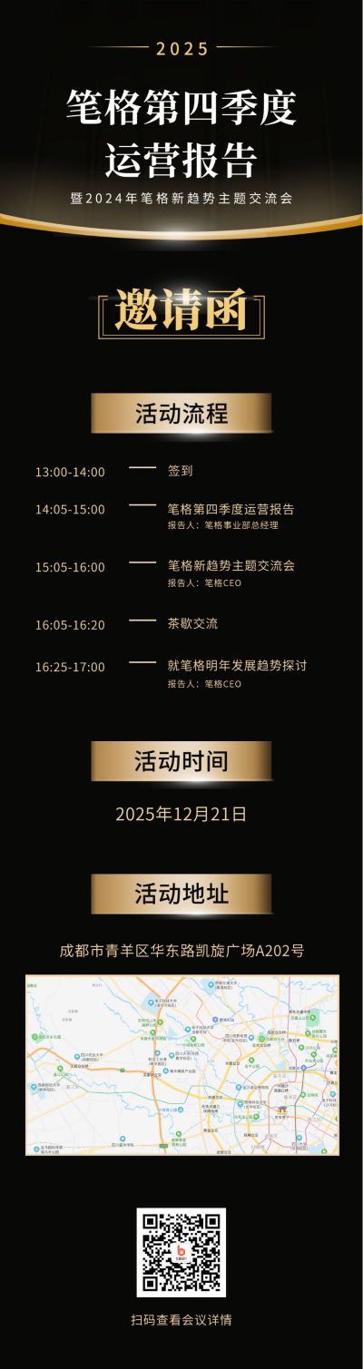 运营商务年会总结大会邀请函黑色背景金色长图海报 模板ID:3298