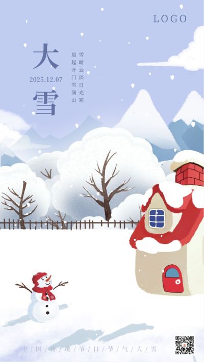 蓝色小清新二十四节气大雪雪人手机海报 模板ID：3754