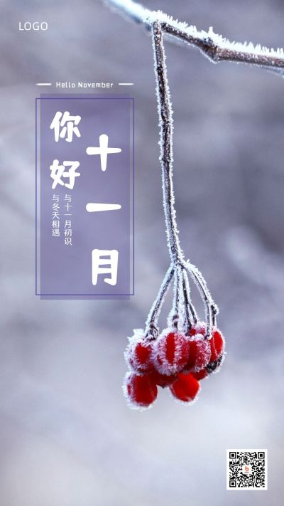 十一月你好问候语秋冬霜雪红色果实实景照片手机海报 模板ID：2698