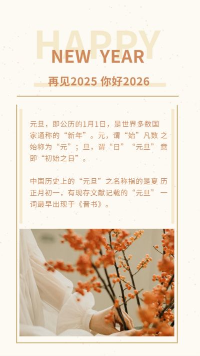 简约文艺元旦新年春节祝福竖版配图 模板ID：4846