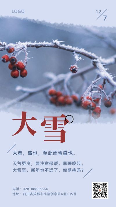 二十四节气大雪冬季霜雪浆果实景日签手机海报 模板ID：3907
