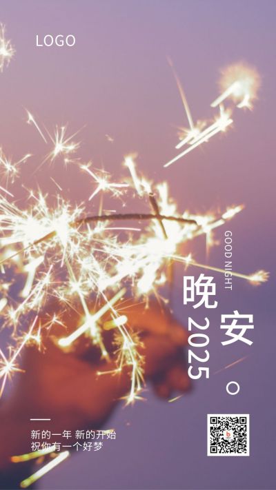 实景烟花新年2025晚安问候日签手机海报 模板ID:4809