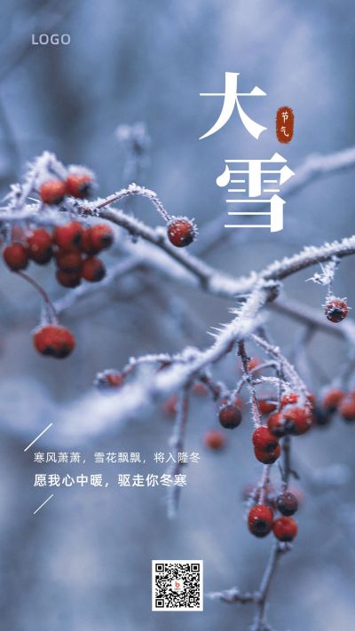二十四节气大雪冬天霜雪浆果实景手机海报 模板ID：3910