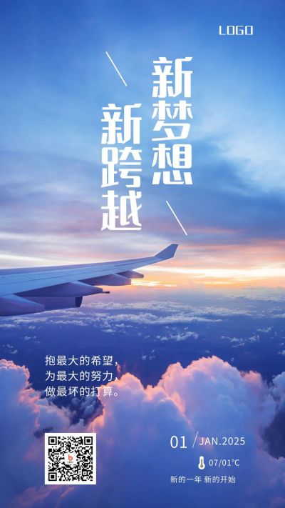 实景飞机新年励志正能量日签手机海报 模板ID：4814