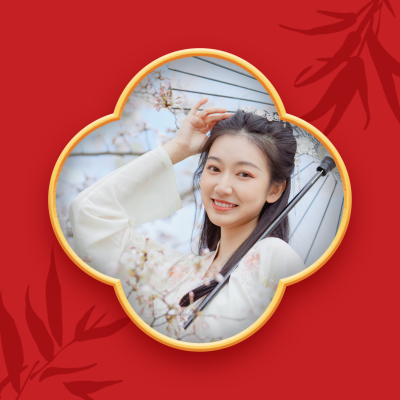 红色喜庆高端中国风窗框汉服少女头像 模板ID:5562