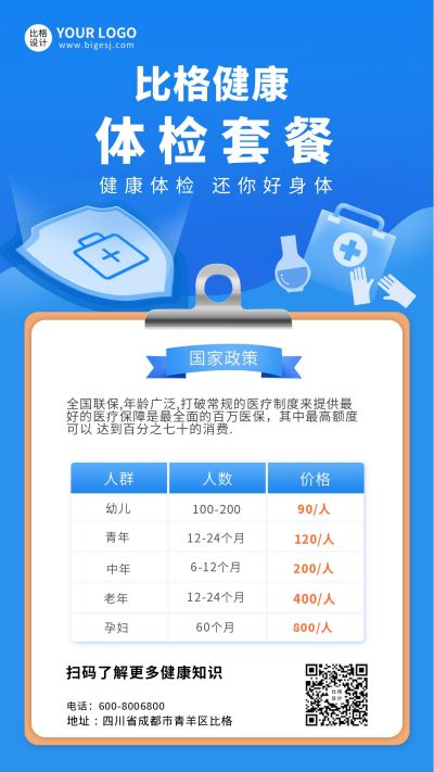 蓝色医疗健康体检套餐手机海报 模板ID：5588