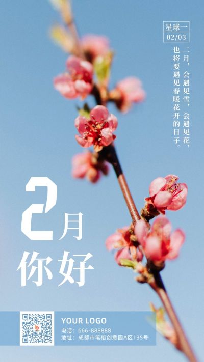 2月你好春天祝福实景鲜花清新手机海报 模板ID:5505