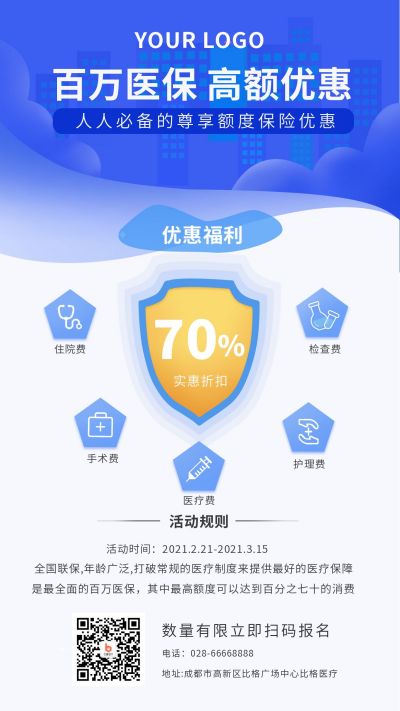 蓝色科技医疗保险宣传手机海报 模板ID：5083