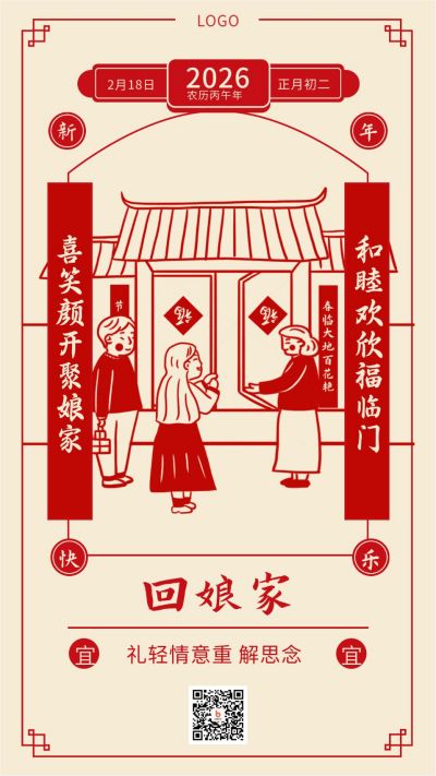 复古春节正月初二回娘家年俗手机海报 模板ID：5018