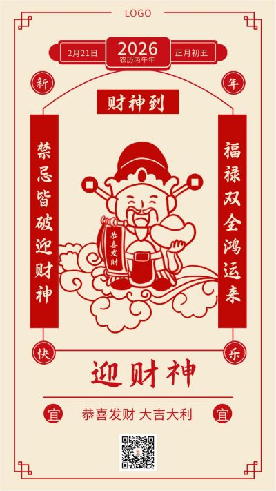 复古春节正月初五迎财神年俗手机海报 模板ID:5028