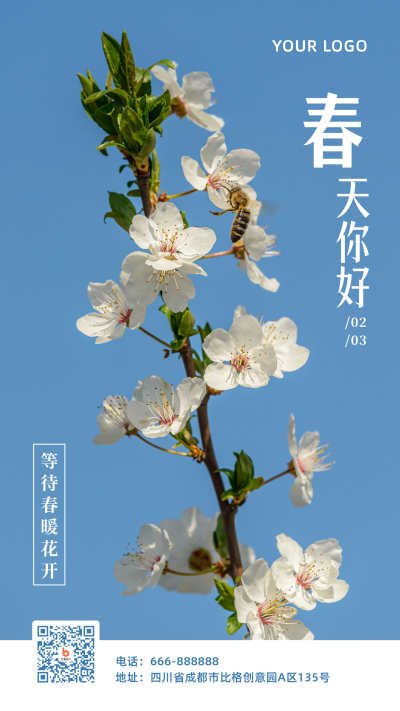 春天祝福2月你好实景植物清新手机海报 模板ID:5508