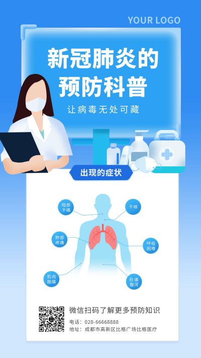 疫情新冠肺炎预防科普知识科普宣传蓝色健康手机海报 模板ID:5865