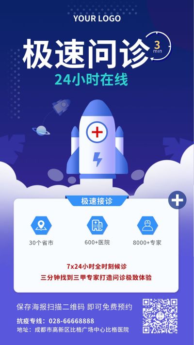 医疗极速问诊体检报告健康卡通手机海报 模板ID:5909